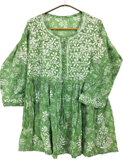 GREEN MULMUL PRINTED SHORT FROCK