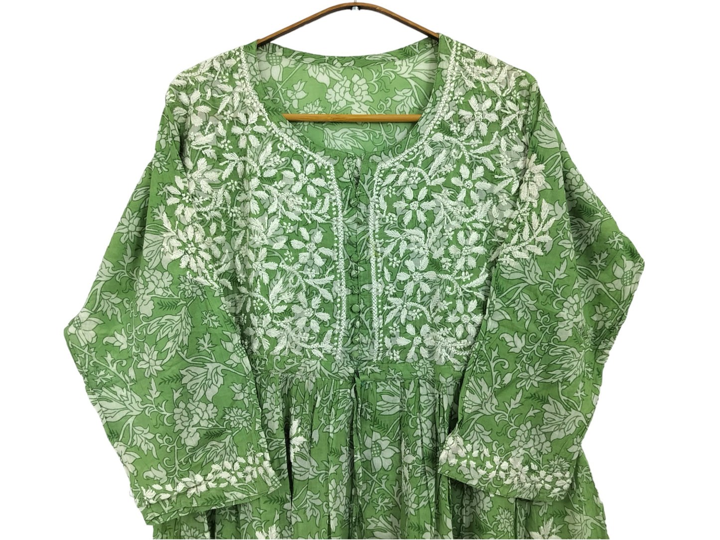 GREEN MULMUL PRINTED SHORT FROCK