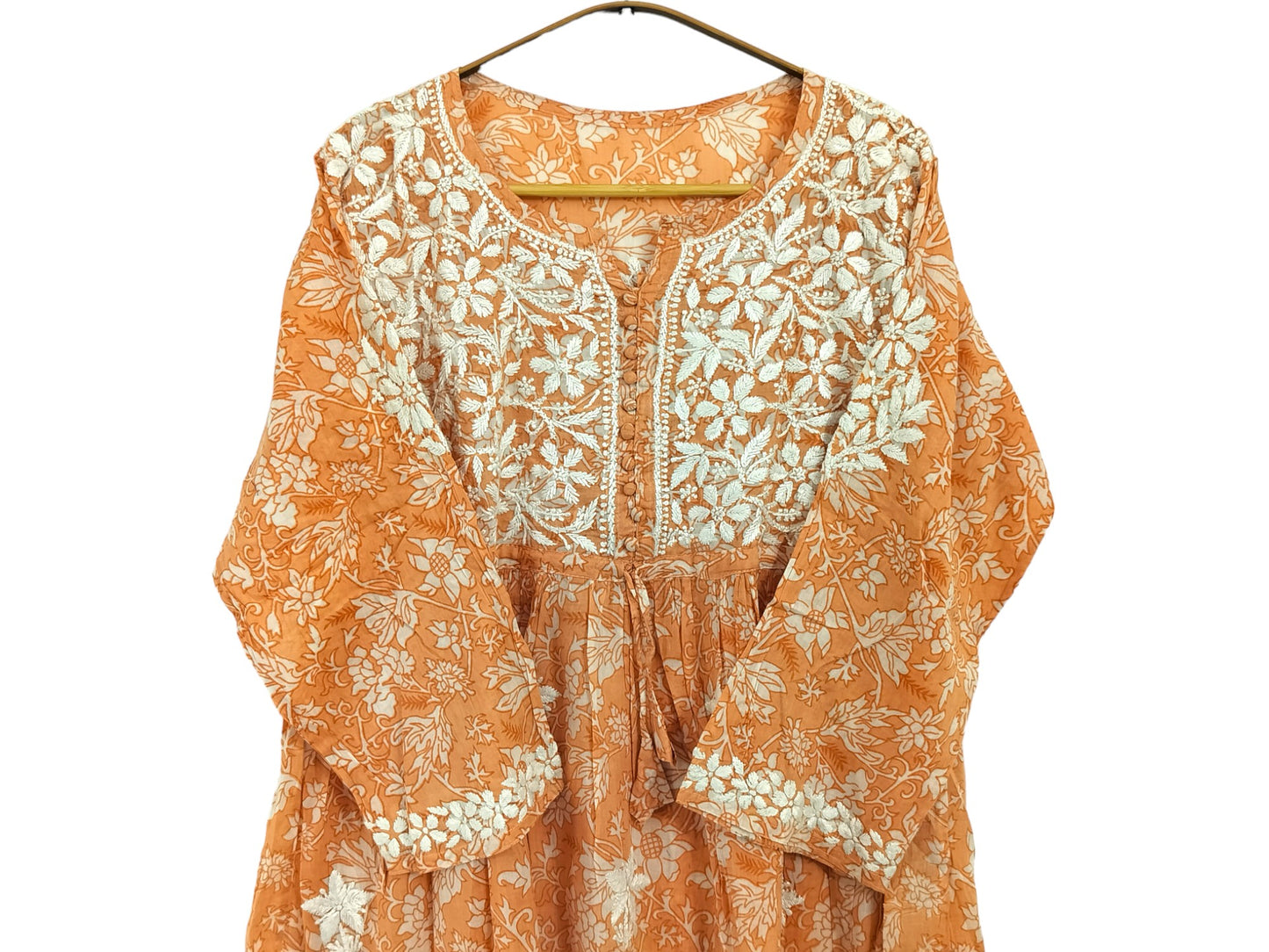 ORANGE MULMUL PRINTED SHORT FROCK