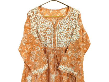 ORANGE MULMUL PRINTED SHORT FROCK