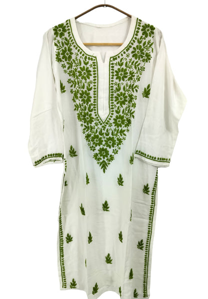 WHITE AND GREEN LONG RAYON KURTA
