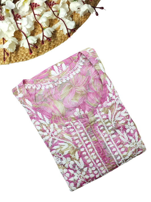 LIYANA PINK MULMUL LONG KURTA WITH 3D CHIKANKARI
