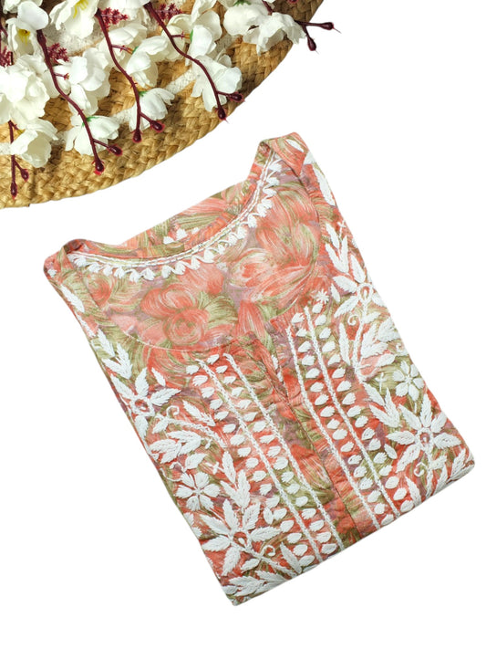 LIYANA ORANGE MULMUL LONG KURTA WITH 3D CHIKANKARI
