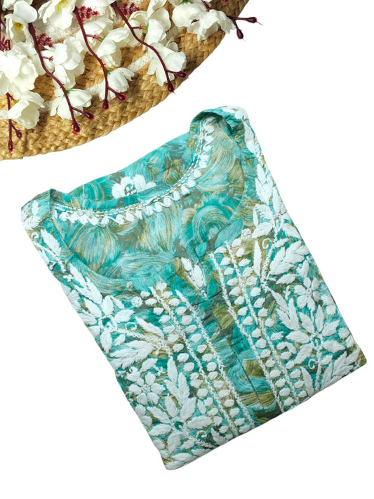 LIYANA MINT GREEN MULMUL LONG KURTA WITH 3D CHIKANKARI