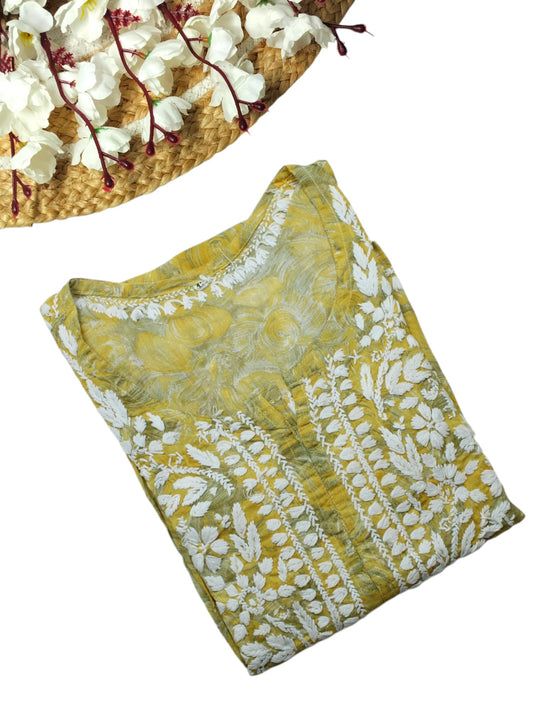 LIYANA YELLOW MULMUL LONG KURTA WITH 3D CHIKANKARI