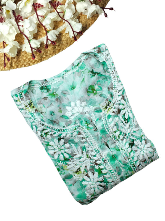HANA MINT GREEN MULMUL LONG KURTA WITH 3D CHIKANKARI
