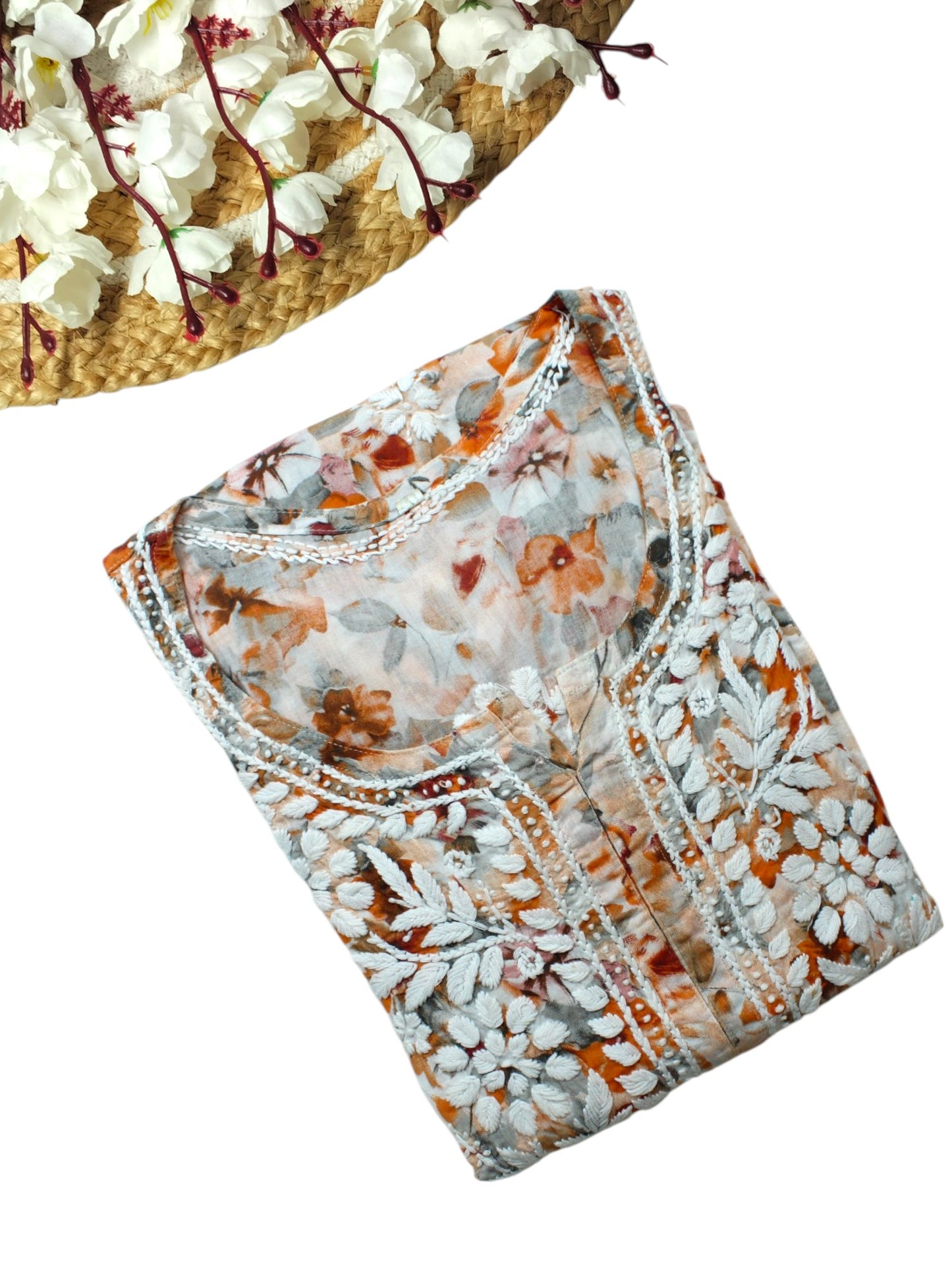 HANA ORANGE MULMUL LONG KURTA WITH 3D CHIKANKARI