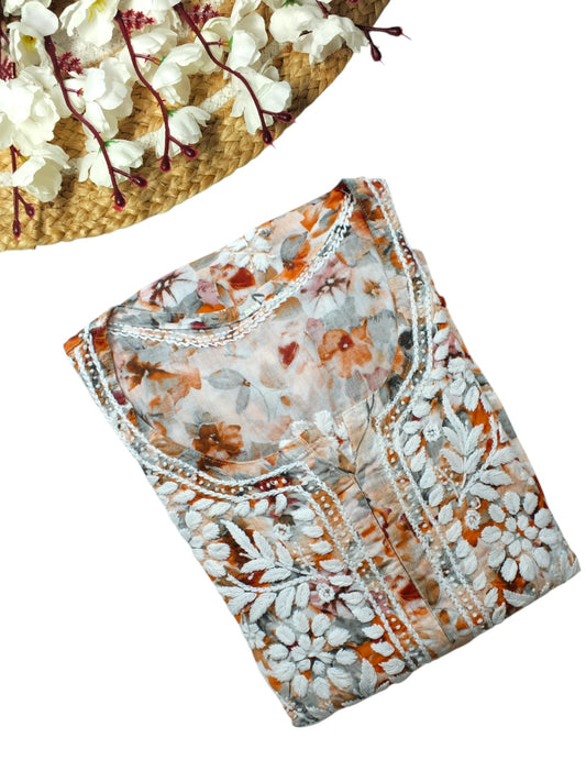 HANA ORANGE MULMUL LONG KURTA WITH 3D CHIKANKARI