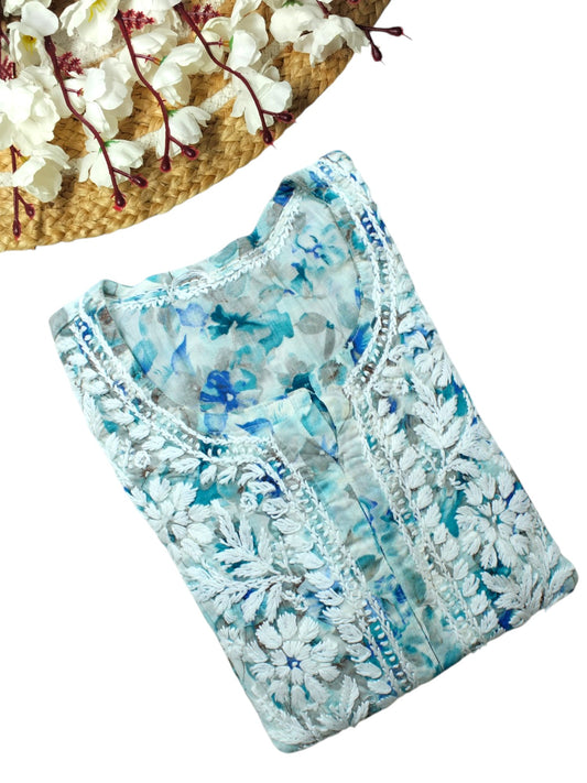 HANA SEA BLUE MULMUL LONG KURTA WITH 3D CHIKANKARI