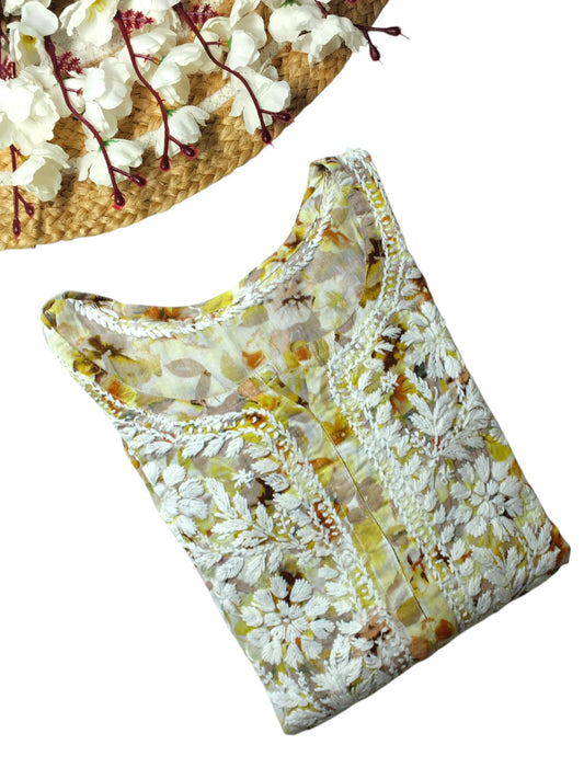 HANA YELLOW MULMUL LONG KURTA WITH 3D CHIKANKARI