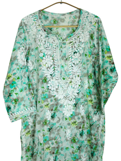 HANA MINT GREEN MULMUL LONG KURTA WITH 3D CHIKANKARI