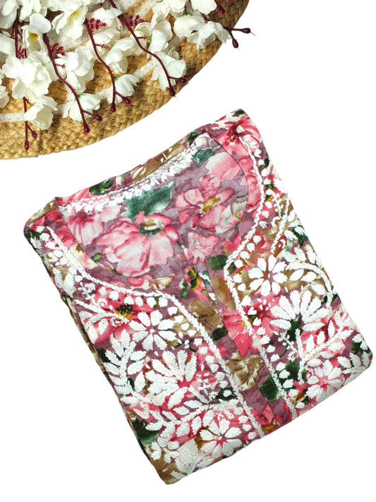HINA PINK LONG PRINTED RAYON CHIKANKARI KURTA
