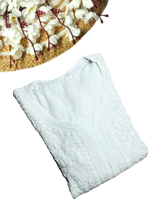 WHITE MODAL LONG KURTA WITH 3D CHIKANKARI