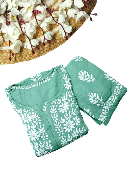 ANAYAH PISTA GREEN KURTA SET WITH FLORAL CHIKANKARI
