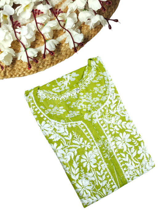 LIME GREEN MULMUL PRINTED LONG KURTA
