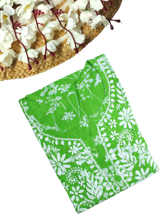 PARROT GREEN MULMUL PRINTED LONG KURTA
