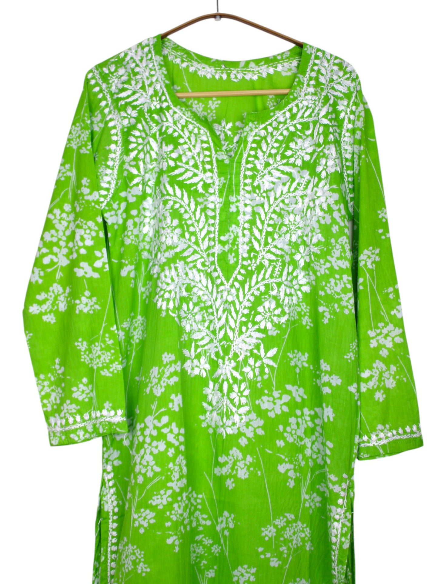 PARROT GREEN MULMUL PRINTED LONG KURTA