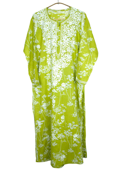 LIME GREEN MULMUL PRINTED LONG KURTA