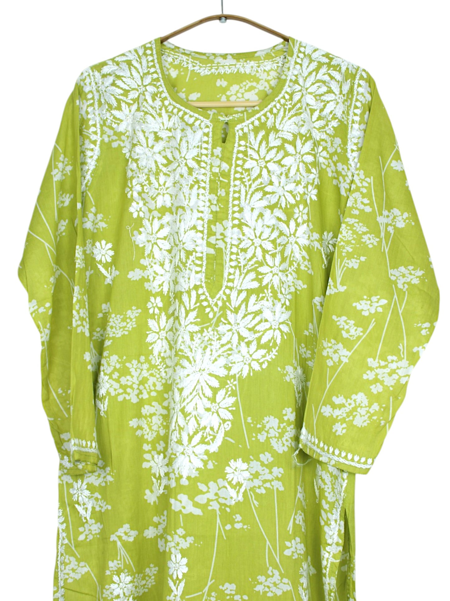LIME GREEN MULMUL PRINTED LONG KURTA