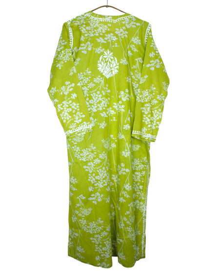 LIME GREEN MULMUL PRINTED LONG KURTA