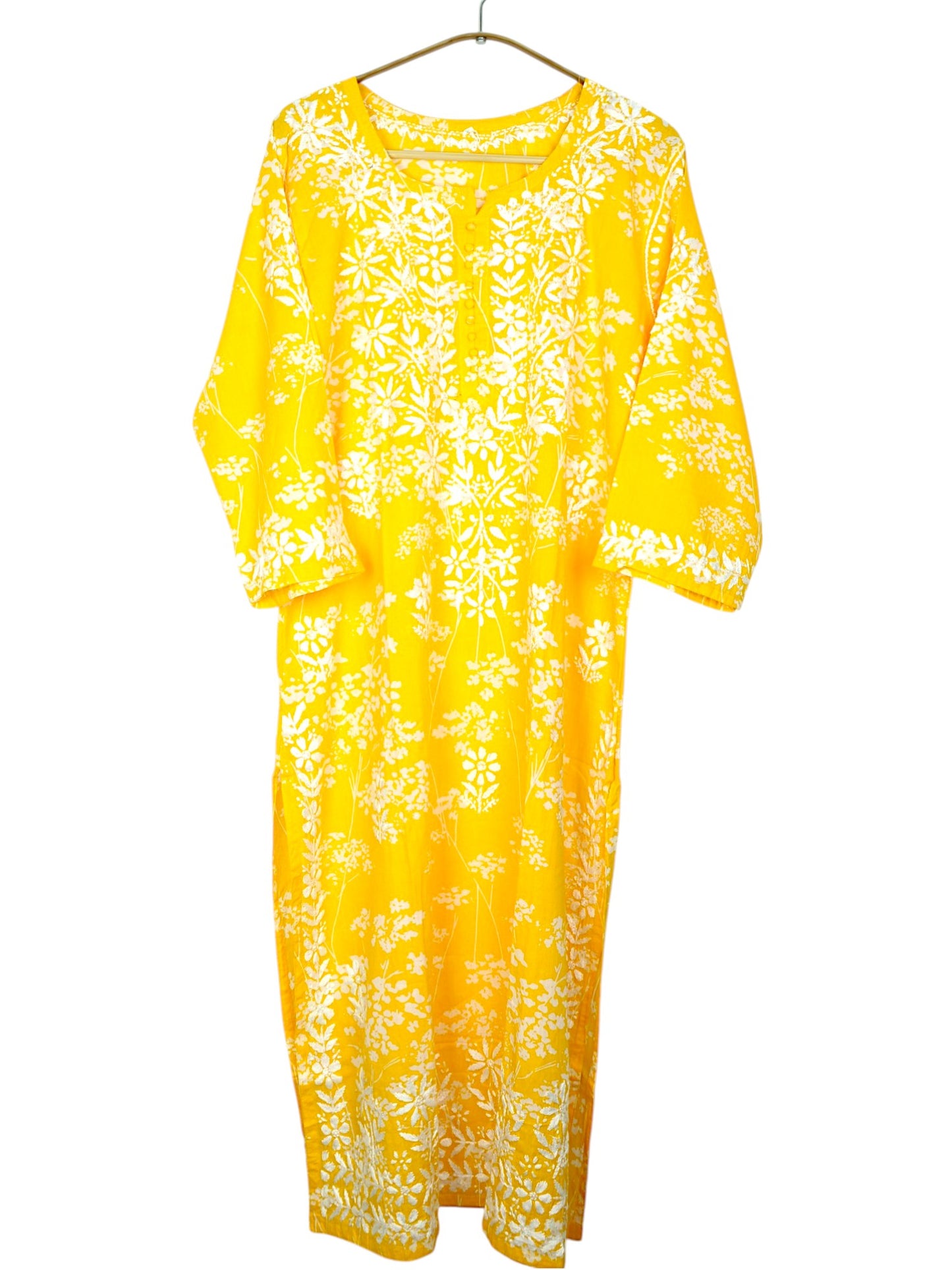 YELLOW MULMUL PRINTED LONG KURTA