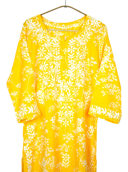 YELLOW MULMUL PRINTED LONG KURTA