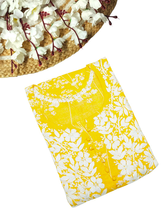 YELLOW MULMUL PRINTED LONG KURTA