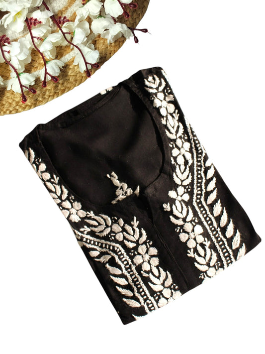 BLACK LONG RAYON KURTA WITH FLORAL PATTERN
