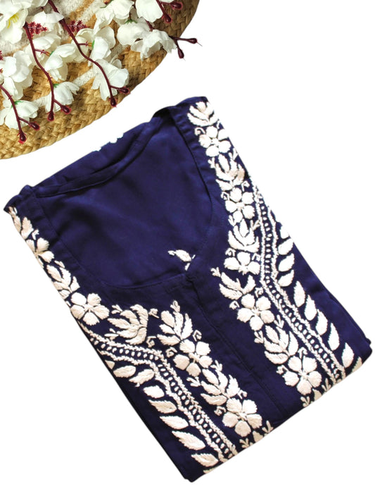 NAVY BLUE LONG RAYON KURTA WITH FLORAL PATTERN