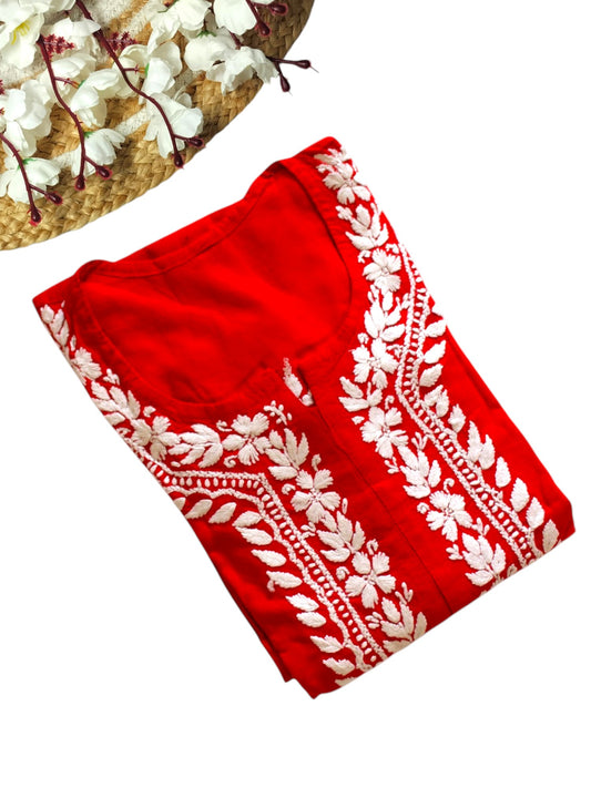 RED LONG RAYON KURTA WITH FLORAL PATTERN