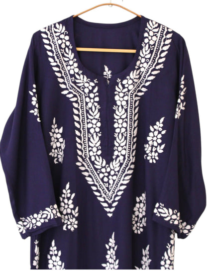 NAVY BLUE LONG RAYON KURTA WITH FLORAL PATTERN