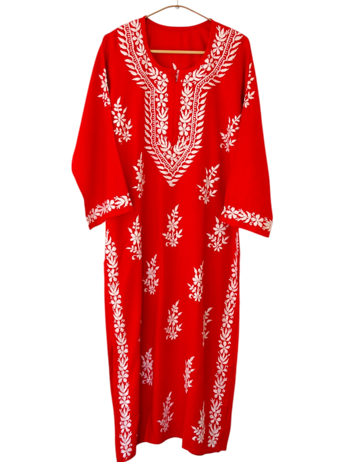 RED LONG RAYON KURTA WITH FLORAL PATTERN