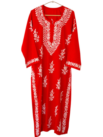 RED LONG RAYON KURTA WITH FLORAL PATTERN