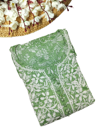 GREEN MULMUL PRINTED SHORT FROCK