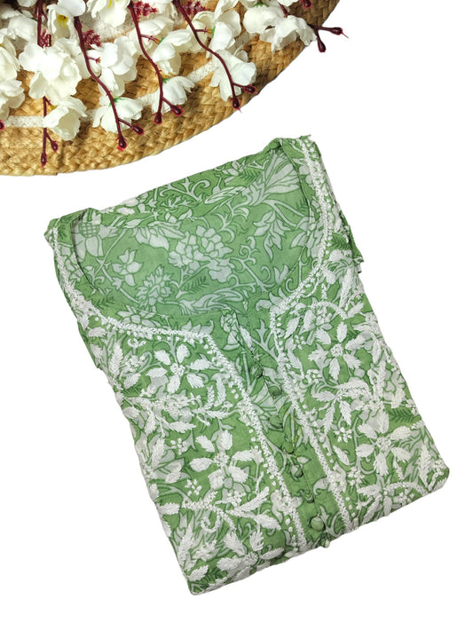 GREEN MULMUL PRINTED SHORT FROCK