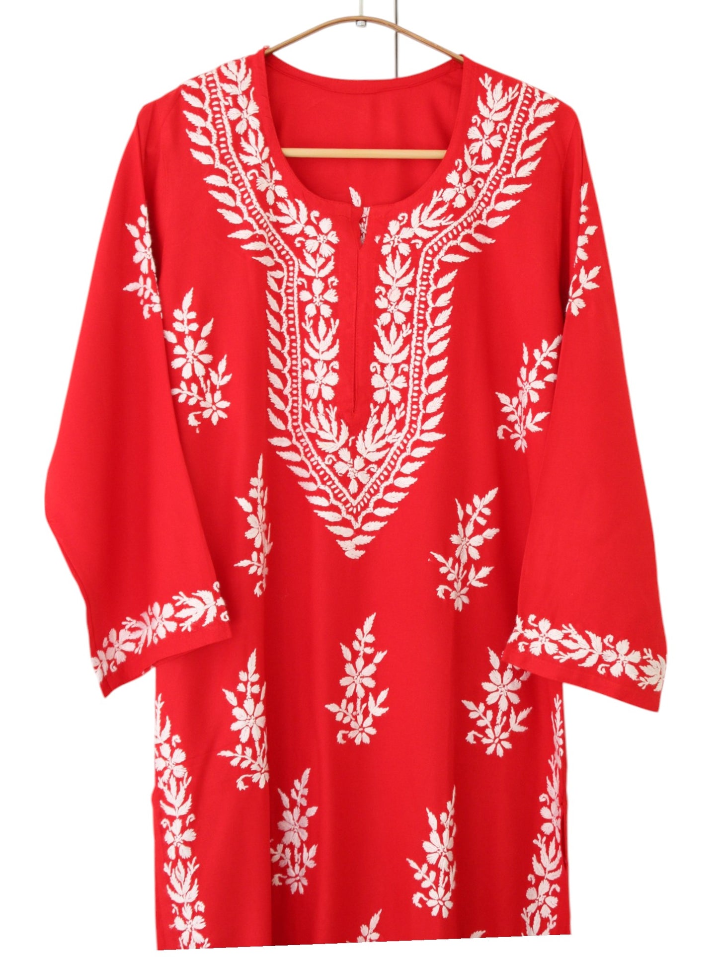 RED LONG RAYON KURTA WITH FLORAL PATTERN