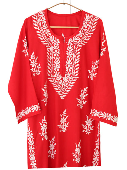 RED LONG RAYON KURTA WITH FLORAL PATTERN