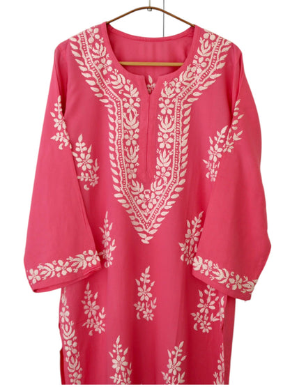 PINK LONG RAYON KURTA WITH FLORAL PATTERN