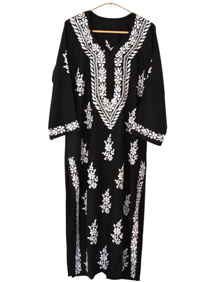 BLACK LONG RAYON KURTA WITH FLORAL PATTERN