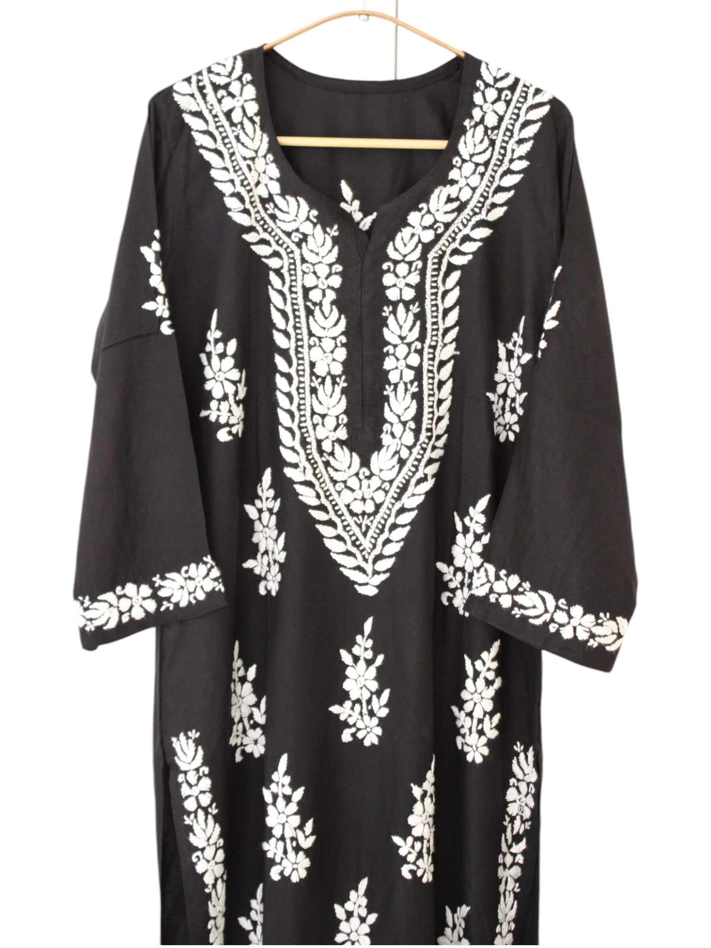 BLACK LONG RAYON KURTA WITH FLORAL PATTERN