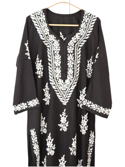 BLACK LONG RAYON KURTA WITH FLORAL PATTERN
