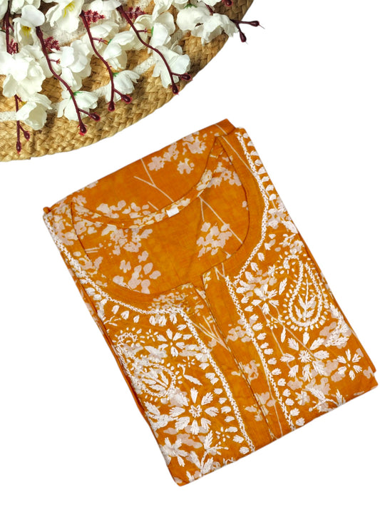MARIGOLD YELLOW MULMUL PRINTED LONG KURTA