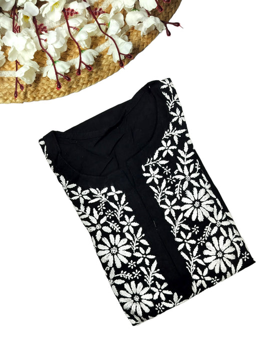 BLACK LONG RAYON KURTA WITH FLORAL PATTERN