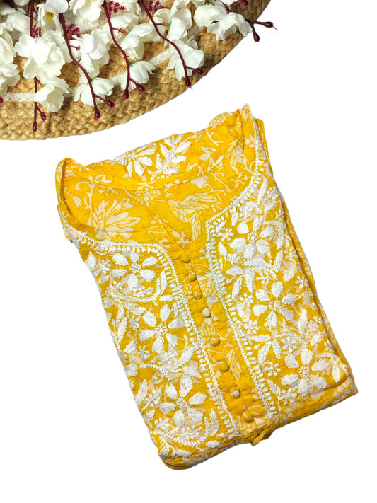 YELLOW MULMUL PRINTED SHORT FROCK