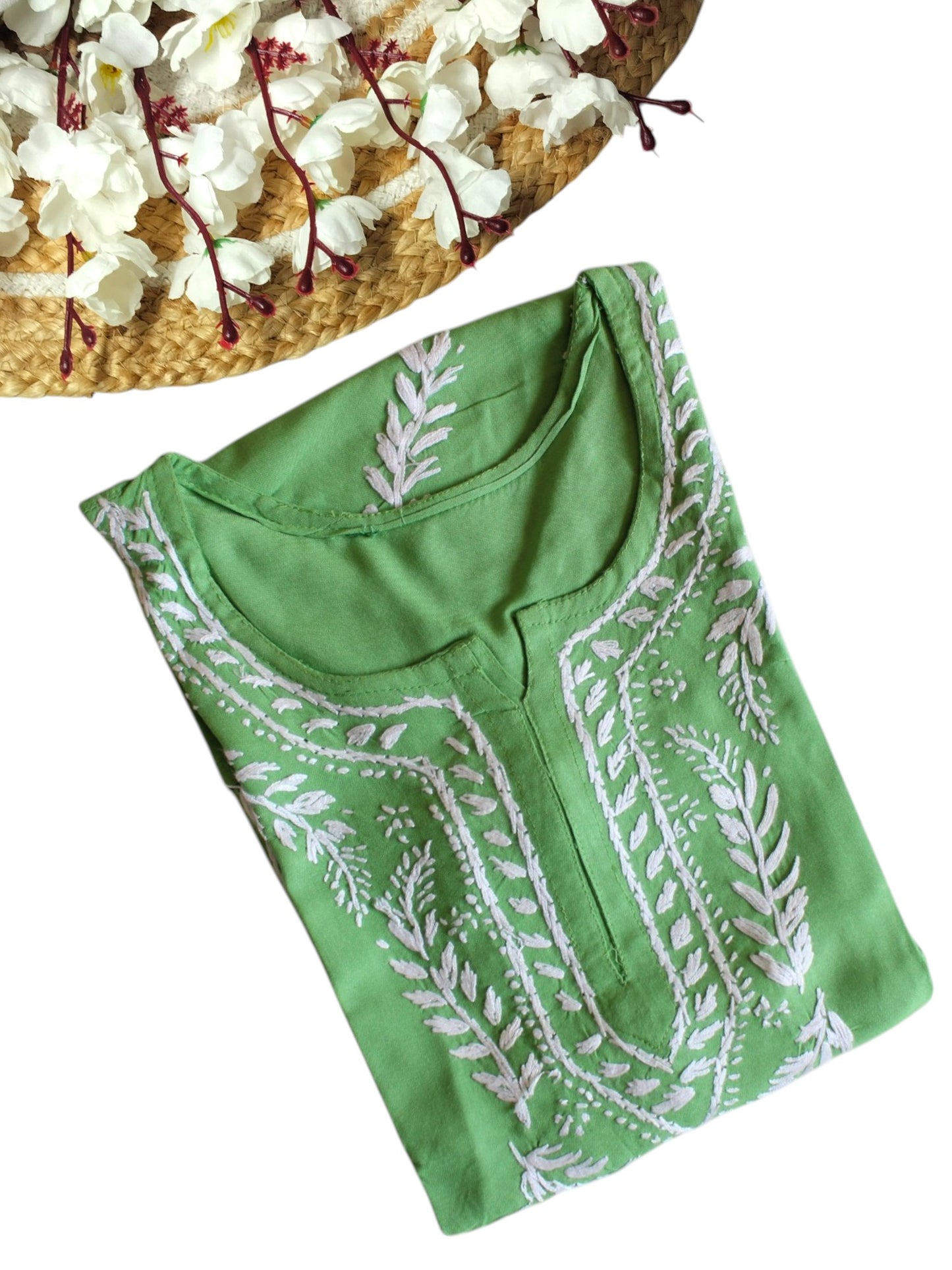 GREEN RAYON CHIKANKARI SHORT TOP