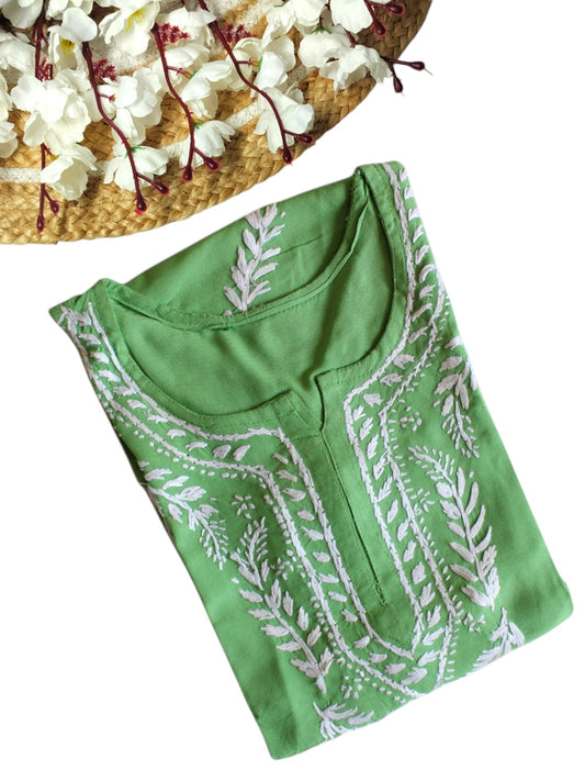 GREEN RAYON CHIKANKARI SHORT TOP