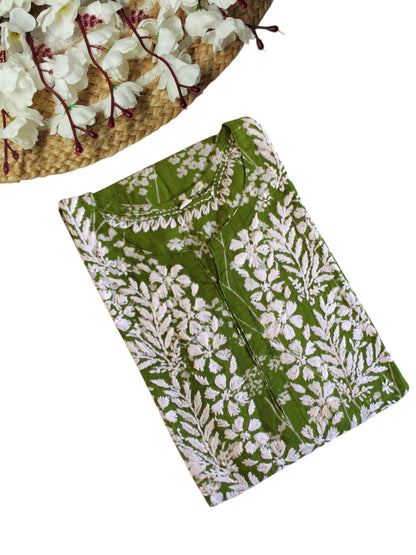 GREEN MULMUL PRINTED LONG KURTA