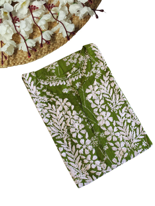 GREEN MULMUL PRINTED LONG KURTA