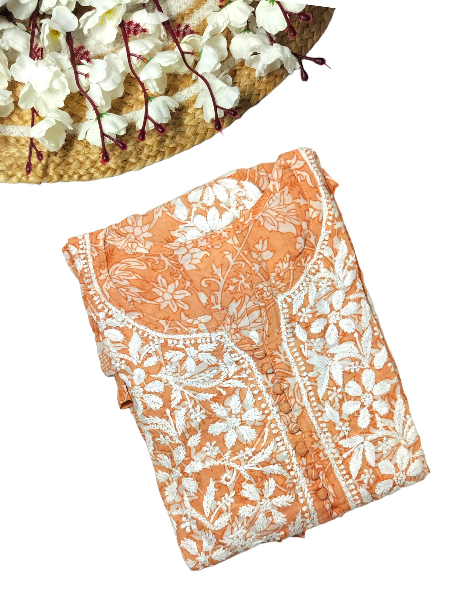 ORANGE MULMUL PRINTED SHORT FROCK
