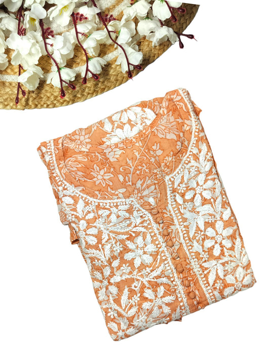 ORANGE MULMUL PRINTED SHORT FROCK